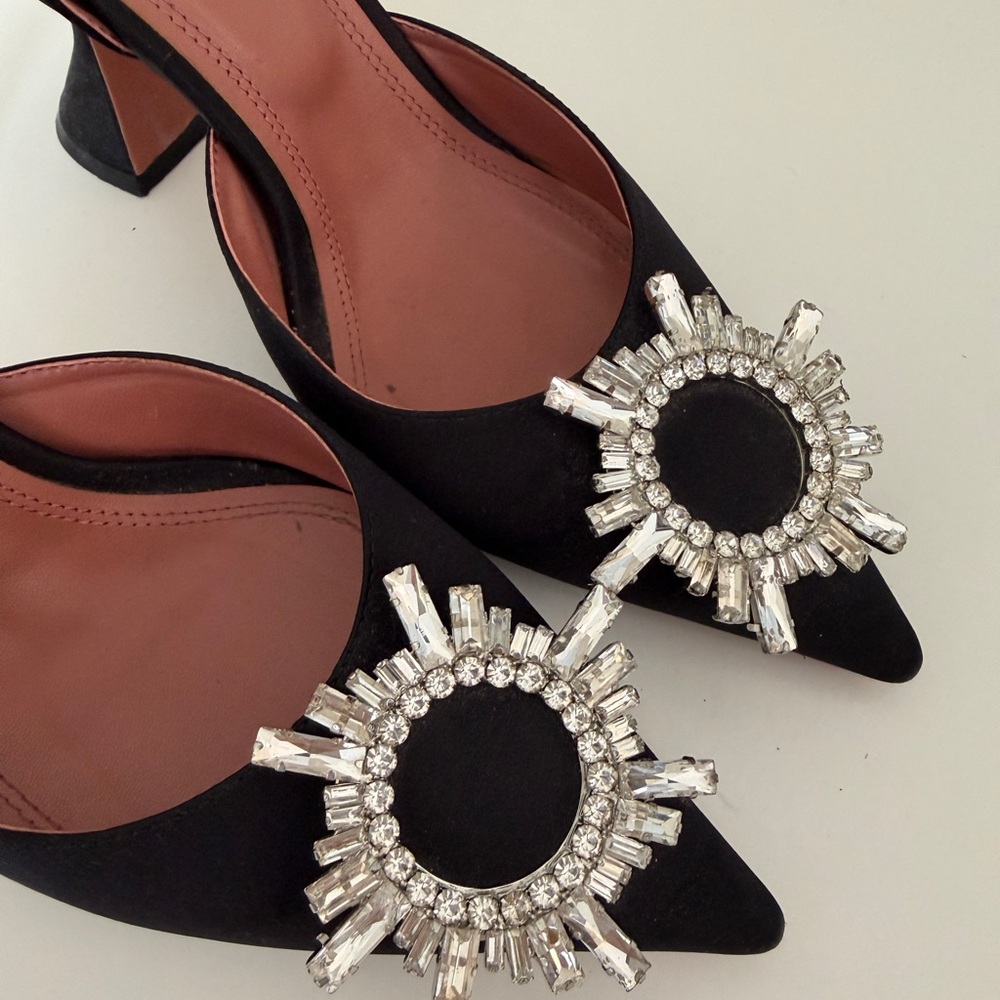 Amina Muaddi Black Crystal Sunburst Slingback Pumps - Picture 7 of 11